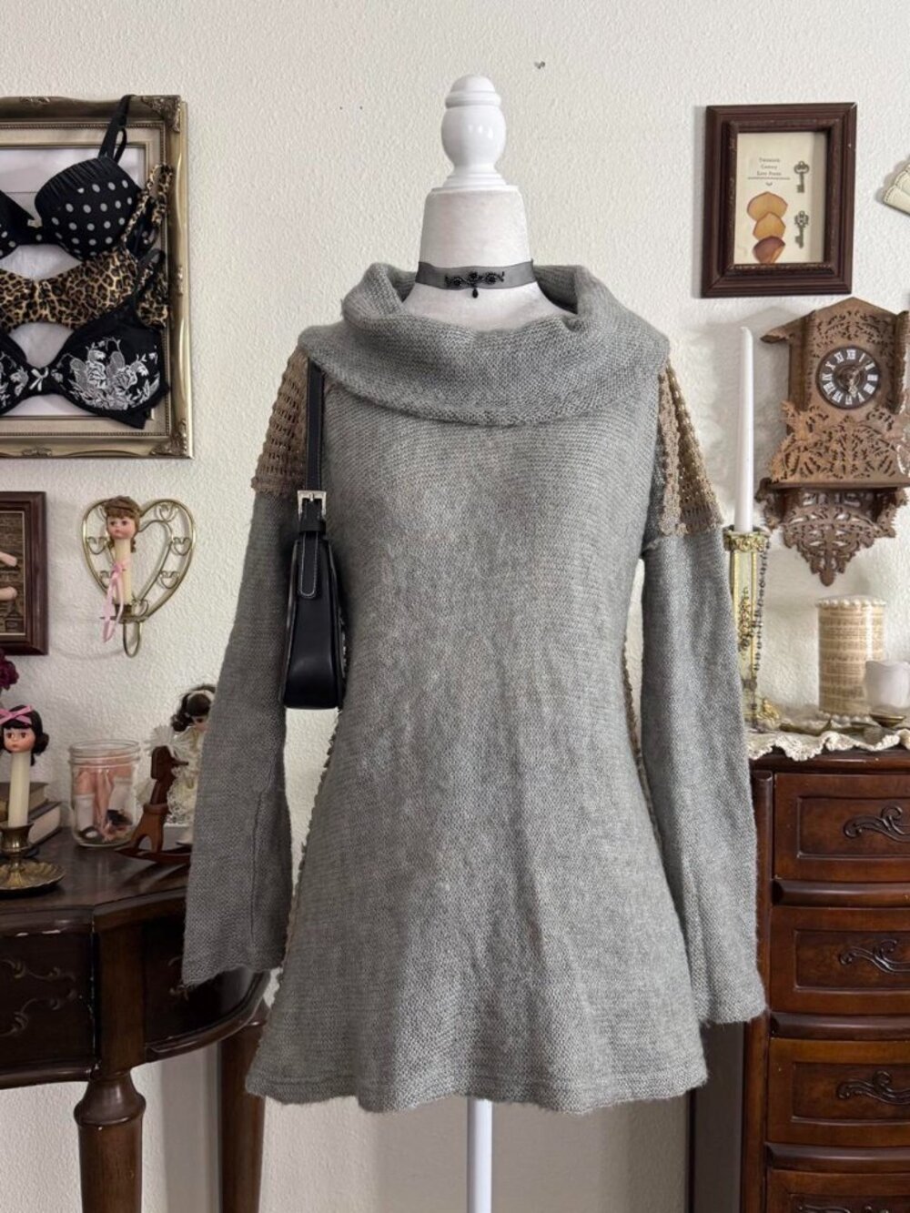Cozy fairy grunge flowy cowl neck patchwork whimsical sweater